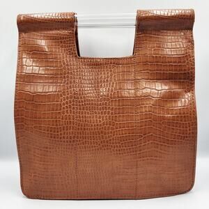 BÉIS The Crossbody Handbag Cognac Brown Faux Croc Clear Handles Trolly Opening